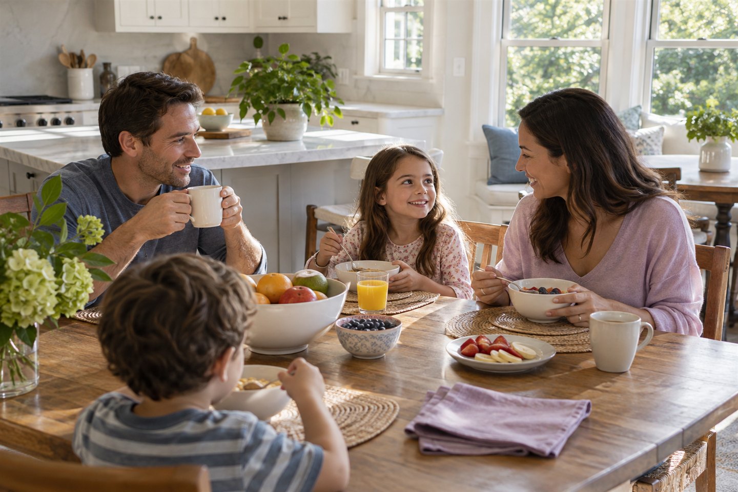 A family enjoys a relaxed breakfast in a consistently clean kitchen