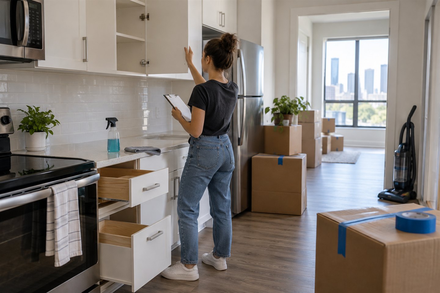 A person inspects an empty kitchen cabinet beside organized moving boxes