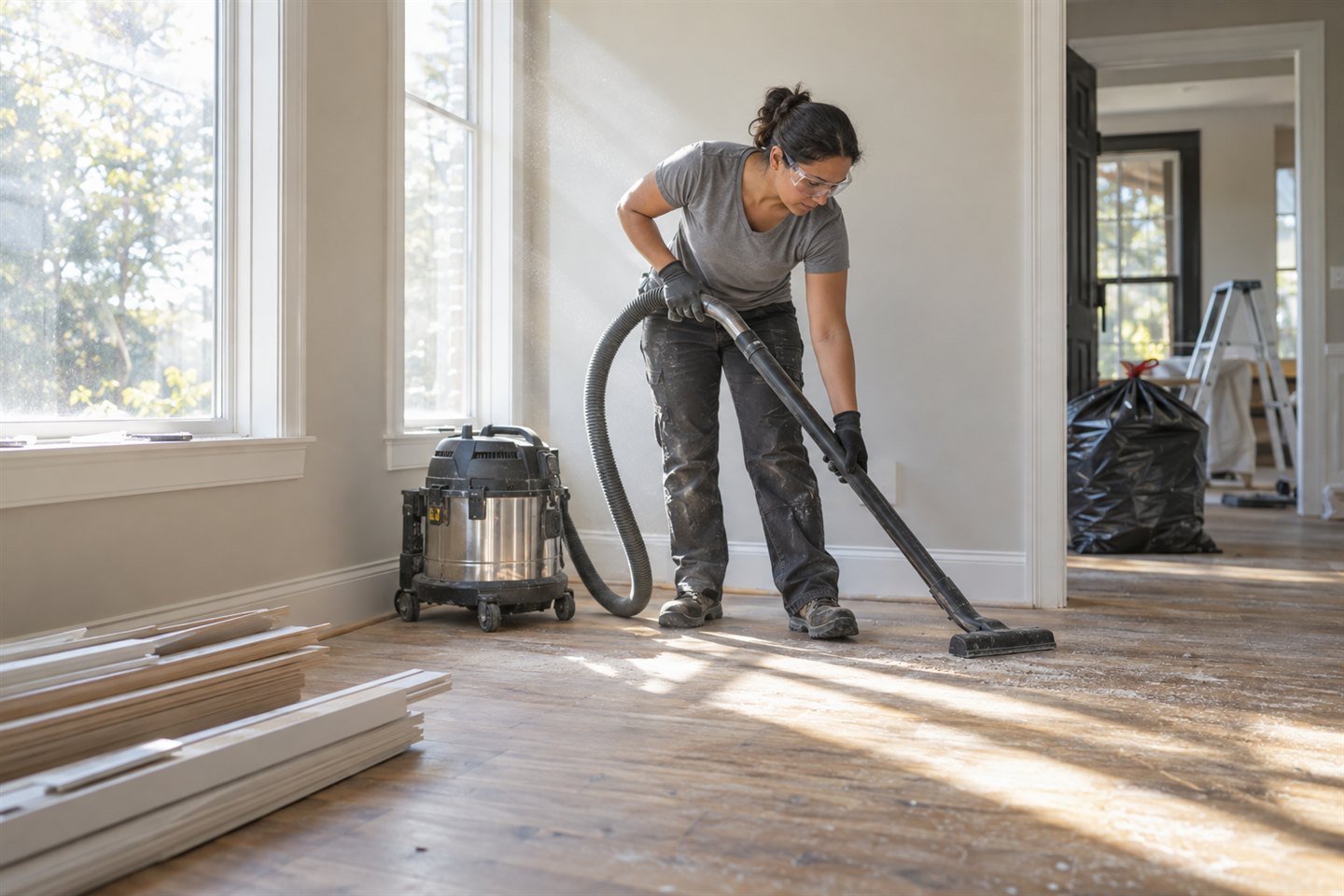 A trained cleaner vacuums fine construction dust from a newly renovated room