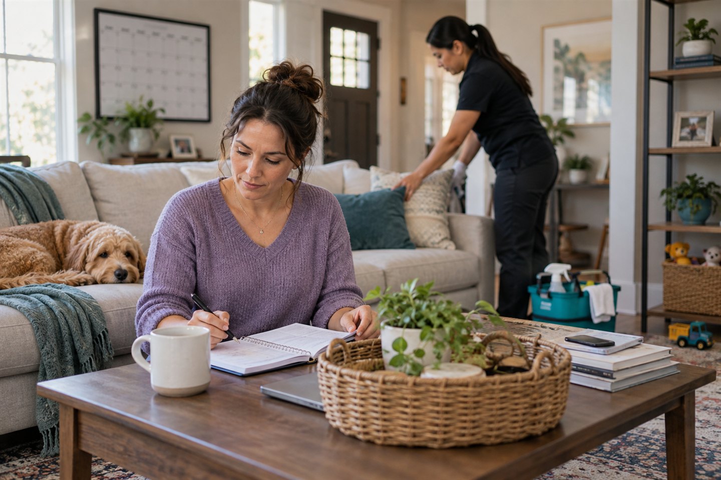 A homeowner planning her week while a professional cleaner tidies the living room