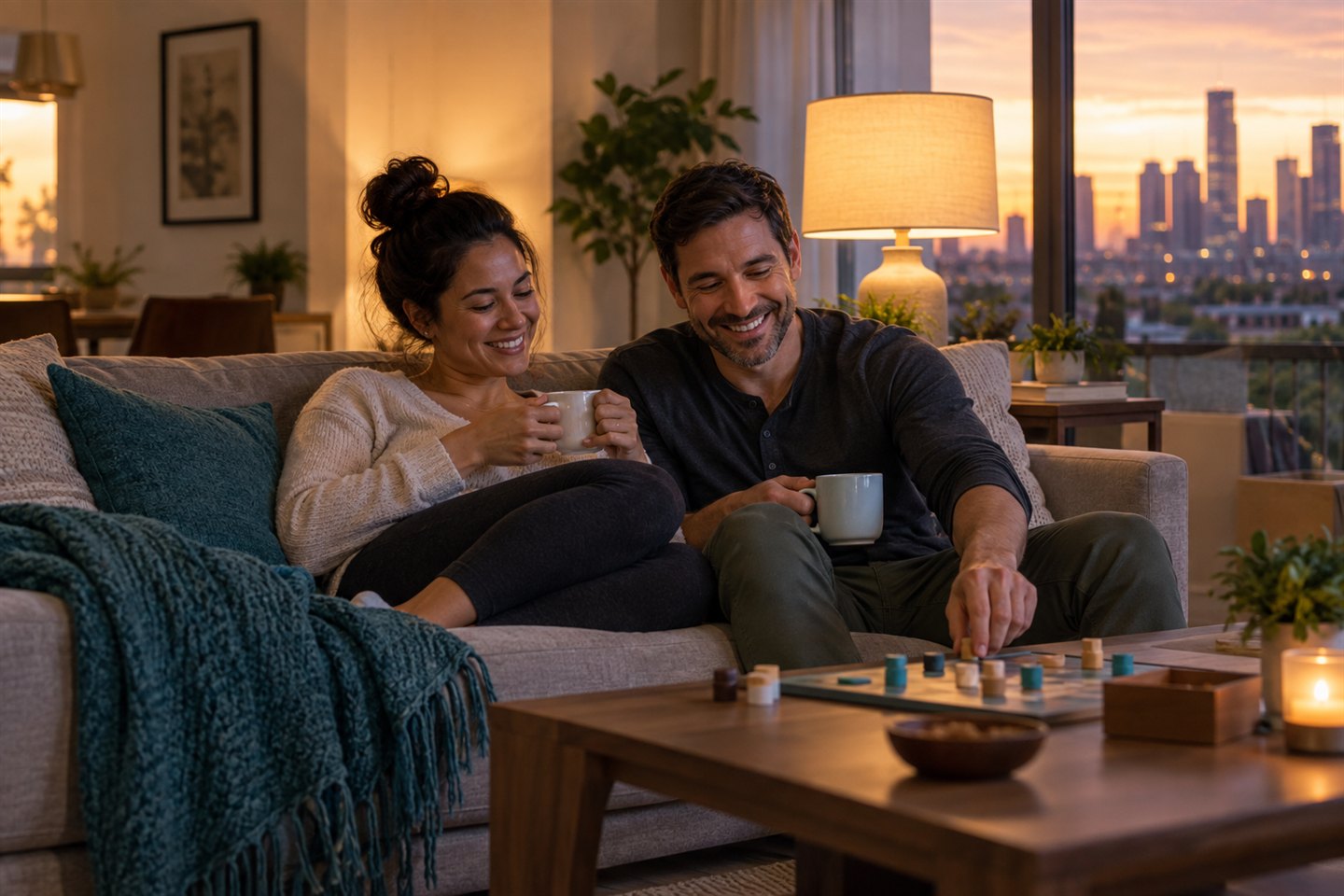 A couple enjoys a relaxed evening together in their clean home