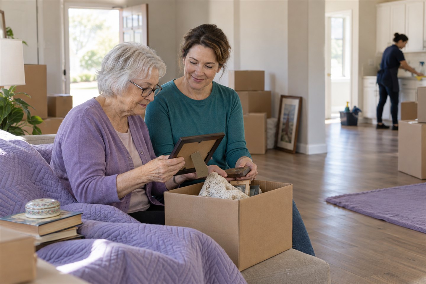 A senior and her adult daughter pack keepsakes during a calm move-out