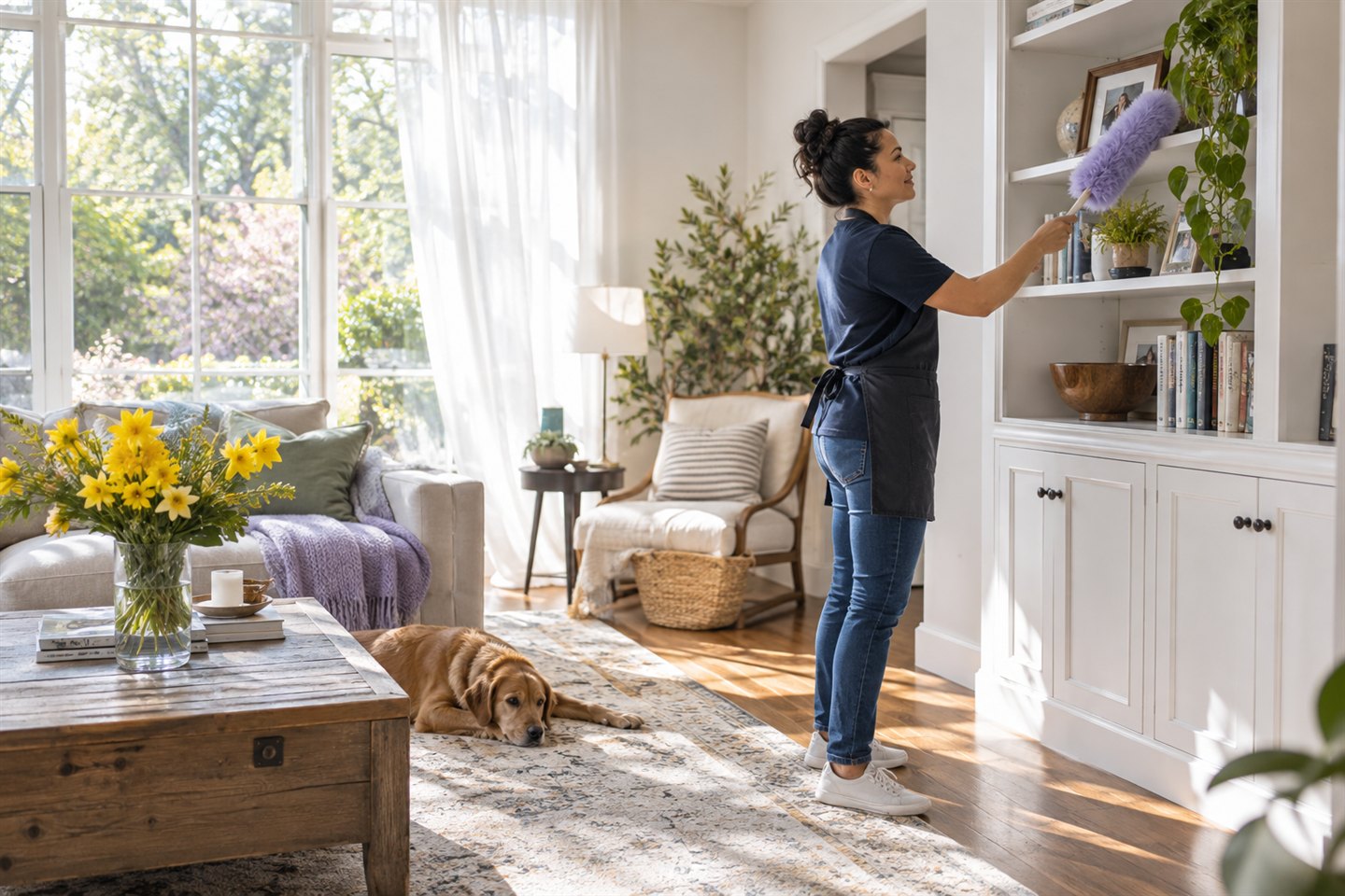 A cleaner dusts shelves in a sunny living room filled with spring flowers