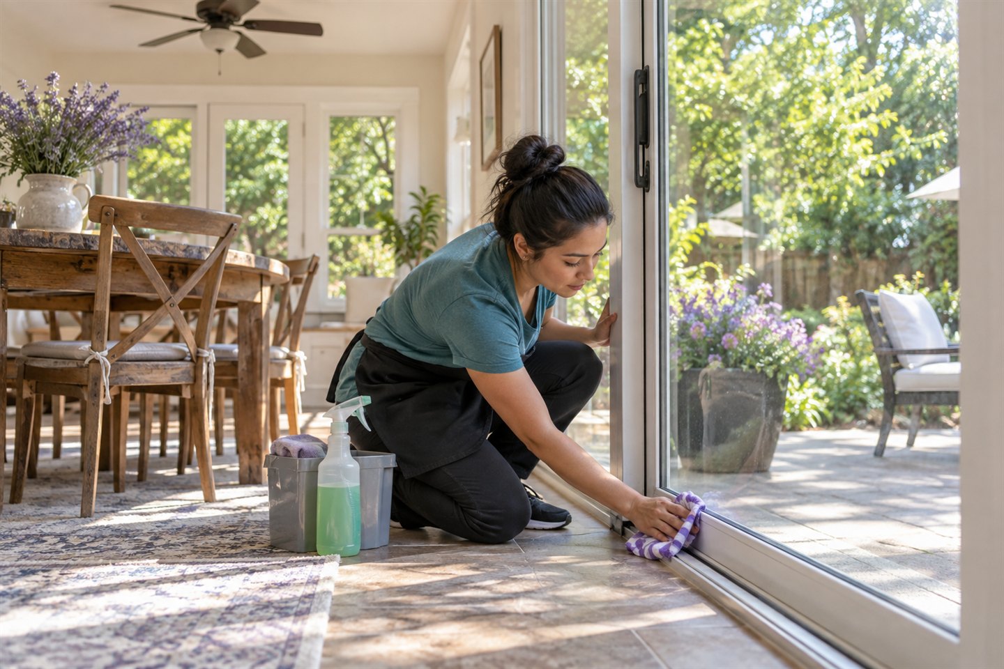 A cleaner washes a patio door track in bright summer light