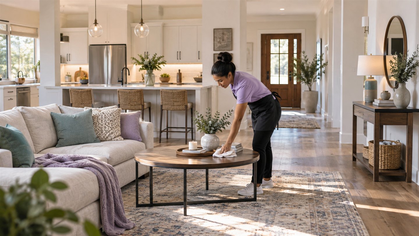 A Tidy Home professional cleaning a selected priority area in a Houston home